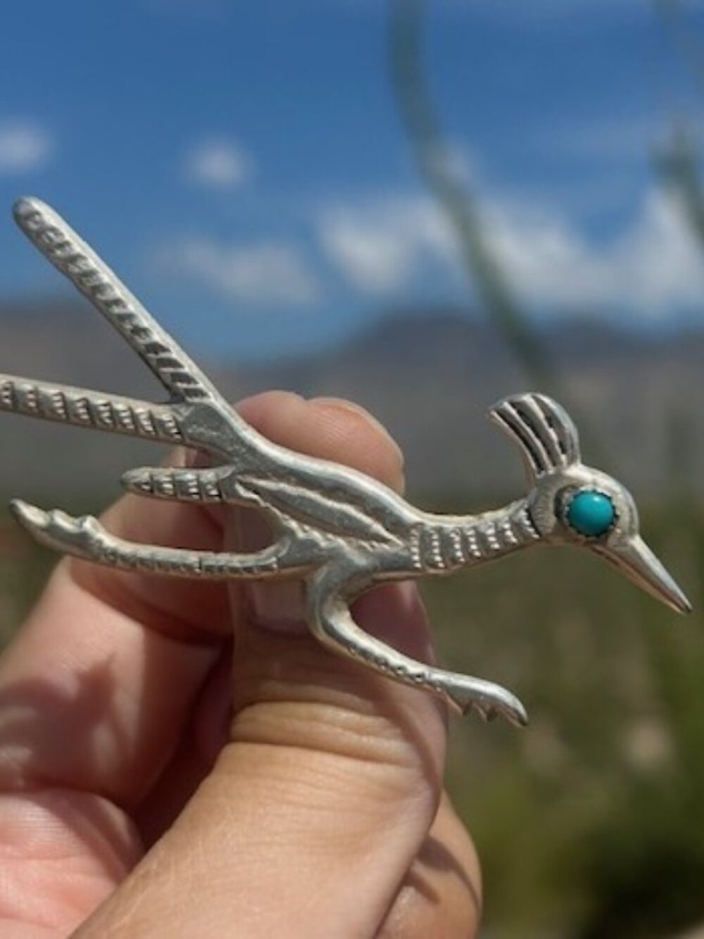 Sterling Silver ROAD RUNNER Native American Turquoise Brooch - Picture 4 of 11